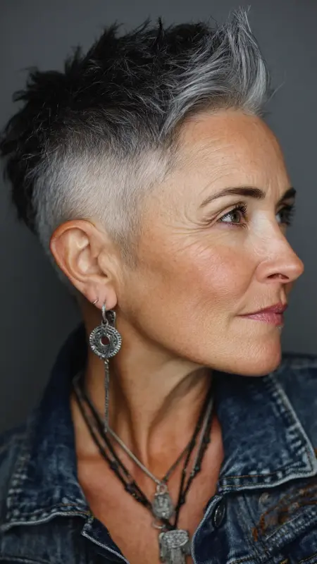 Shaved Undercut Pixie with Bold Top - Undercut pixie haircut for older women