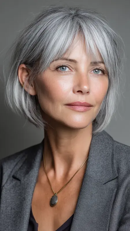 Short Bob with Piecey Bangs -  Haircuts for women over 50 with bangs 