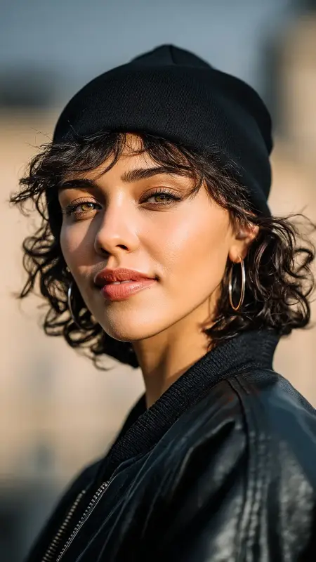Short Curly Bob with Fisherman Beanie - Curly Hairstyles With Beanies