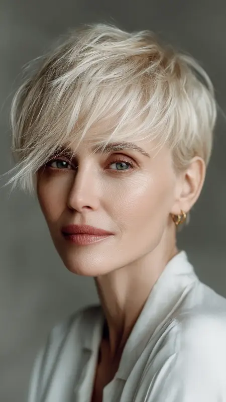 Short Textured Cut with Side-Swept Bangs - Hairstyles For Women Over 50 With Thinning Hair