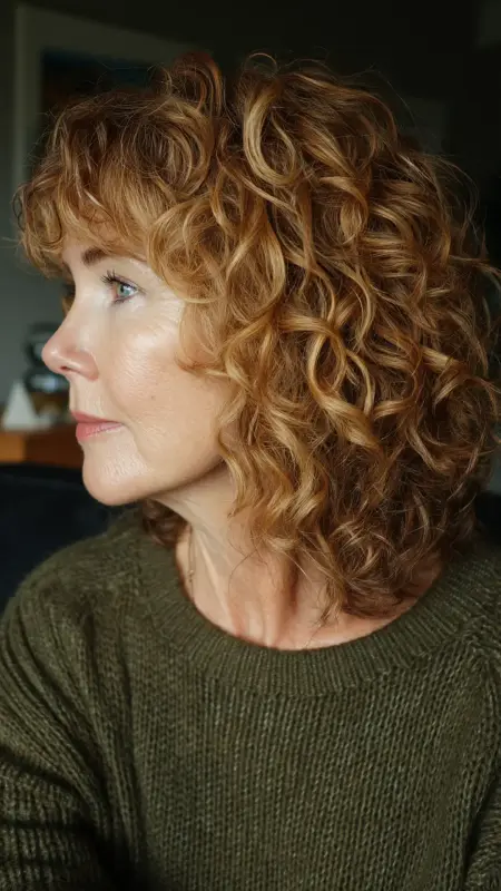 Shoulder-Length Curly Cut with Soft Bangs -  Haircuts for women over 50 with bangs 
