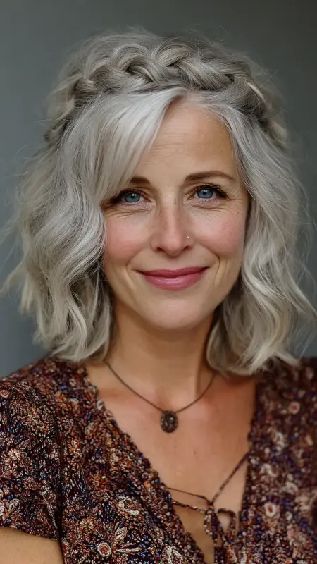 Shoulder-Length Cut with Boho Braided Crown - Shoulder Length Haircuts For Women Over 60