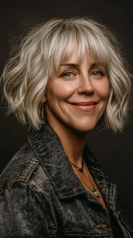 Shoulder-Length Cut with Curtain Bangs - medium length hair for women over 50