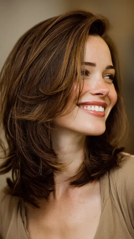Shoulder-Length Cut with Feathered Ends - Shoulder length haircut for round faces