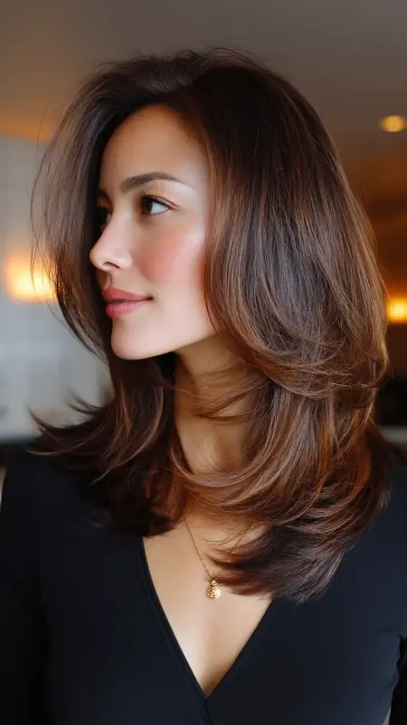 Shoulder-Length Cut with Long Layers and Side Part - Shoulder length haircut for round faces
