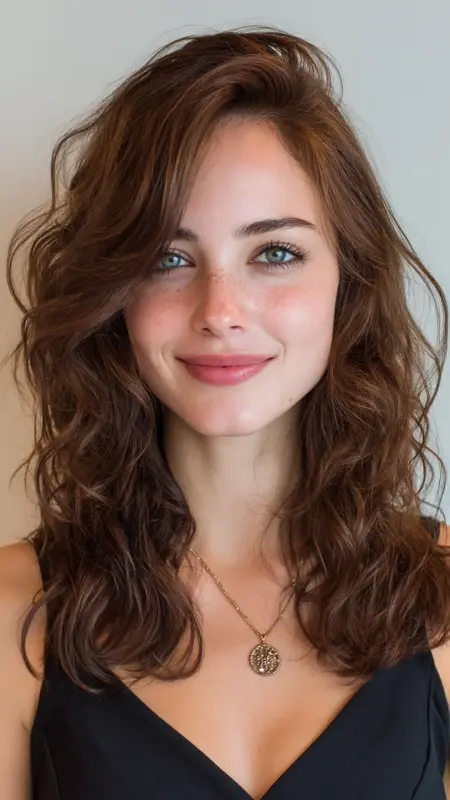 Shoulder-Length Cut with Loose Spiral Waves - Shoulder length haircut for round faces