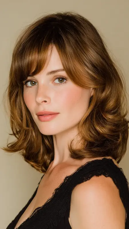Shoulder-Length Cut with Side-Swept Bangs - Shoulder length haircut for round faces