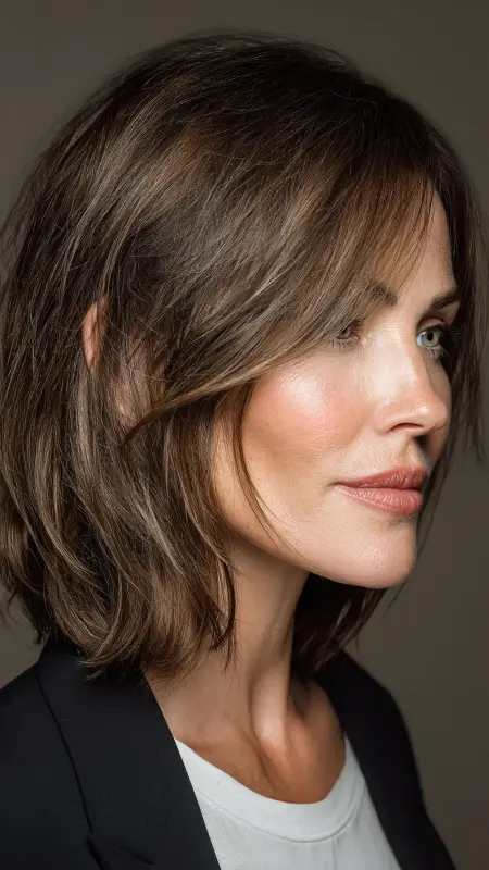 Shoulder-Length Lob with Side Bangs -  Haircuts for women over 50 with bangs 