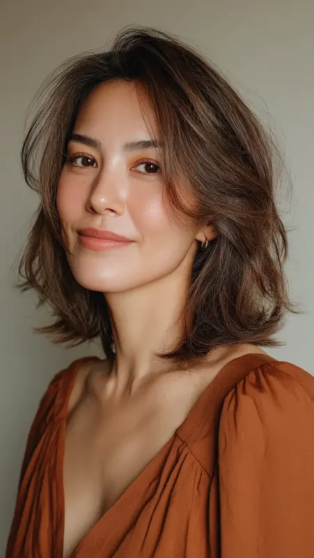 Shoulder-Length Lob with Swoopy Bangs - Shoulder length haircut for round faces
