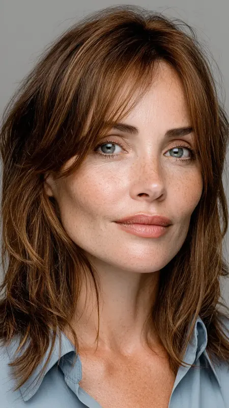 Shoulder-Length Straight Cut with Curtain Bangs -  Haircuts for women over 50 with bangs 