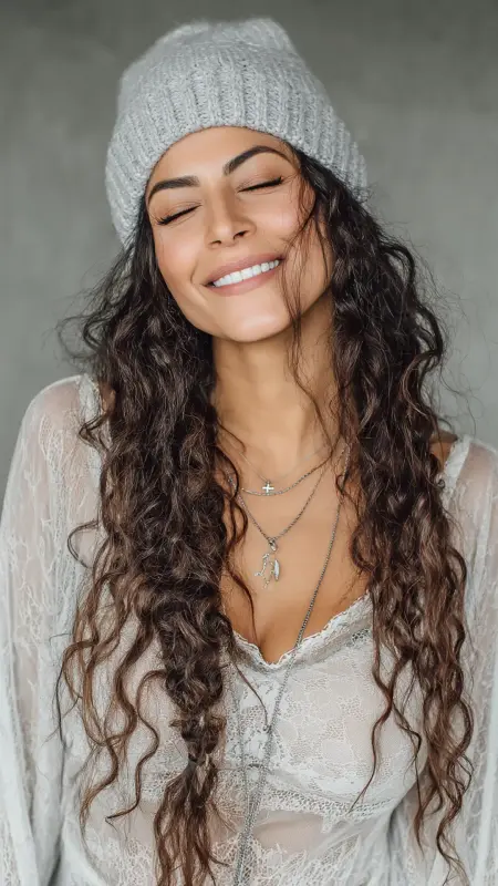Side Braid with Curly Ends and Beanie - Curly Hairstyles With Beanies