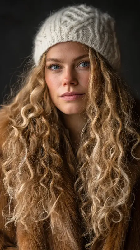 Side-Swept Curls with Cable Knit Beanie - Curly Hairstyles With Beanies