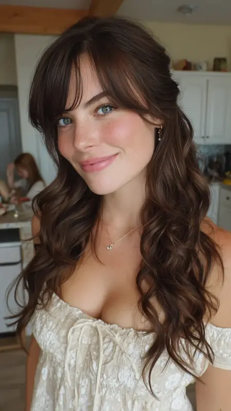 Side-Swept Curls with Off-Center Curtain Bangs - Face framing curtain bangs on curly hair