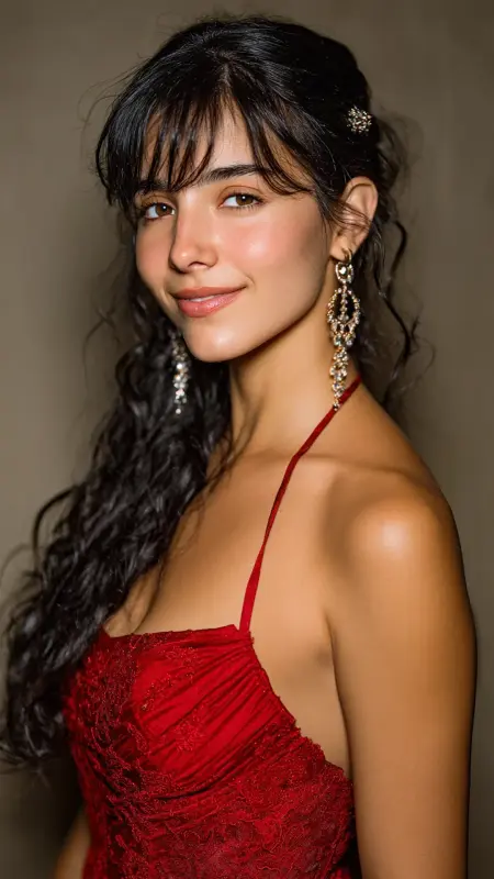Side-Swept Curtain Bangs with Loose Curls - long curtain bangs round face