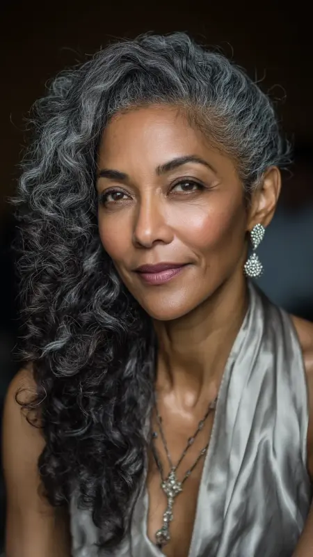Side-Swept Salt-and-Pepper Curls - Hairstyles for Older Black Women