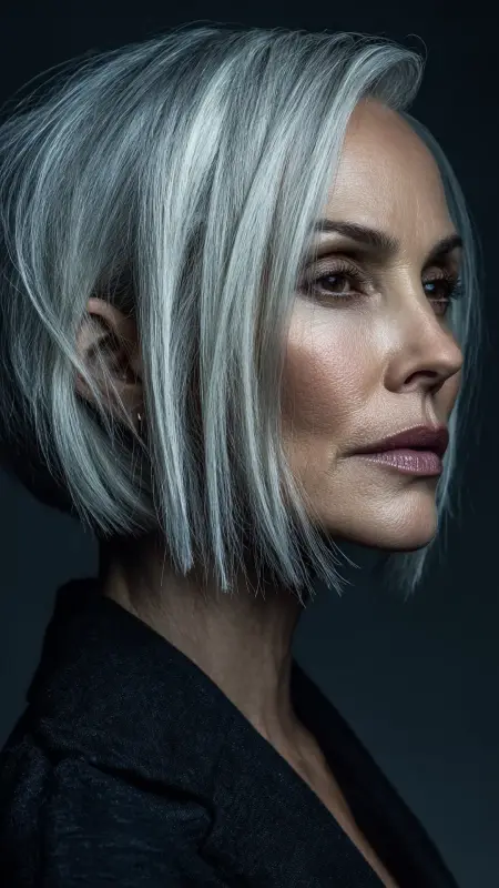 Silver Asymmetrical Bob - gray hair styles for women over 50