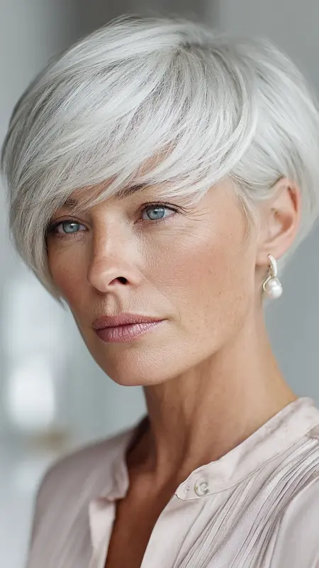 Silver Blonde Crop with Side-Swept Bangs - hair color ideas for women over 70