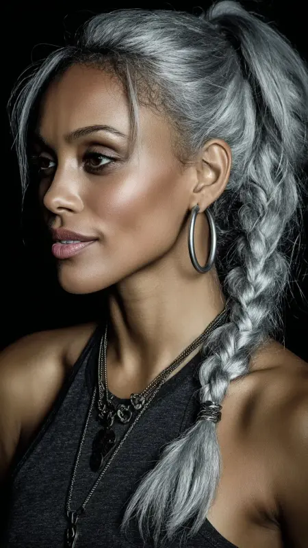 Silver Braided Ponytail - silver hair color ideas
