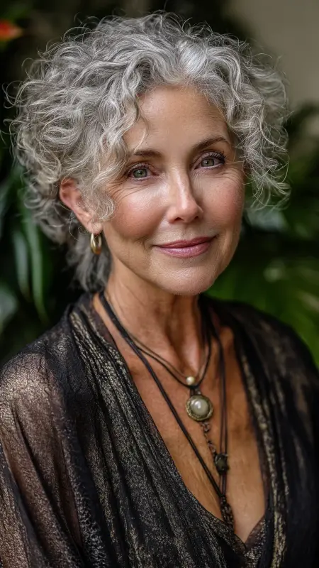 Silver Curly Crop with Face-Framing Tendrils - Short Curly Haircuts For Women Over 50