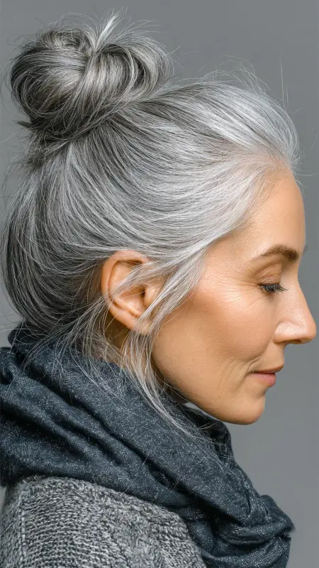 Silver Top Knot - gray hair styles for women over 50