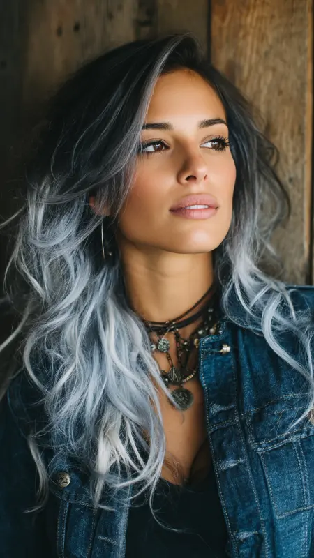 Shimmering Waves of Elegance: The Silver Streak - Silver highlights on dark hair