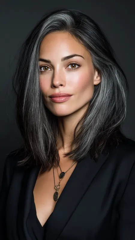 Enchanting Glow: Silver Highlighted Dark Hair Delight - Silver highlights on dark hair