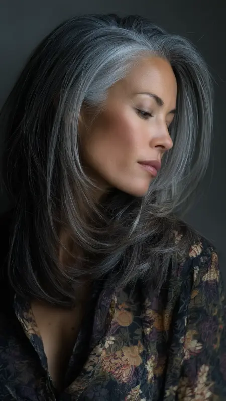 Enchanting Waves: Silver Strands on Midnight Tresses - Silver highlights on dark hair