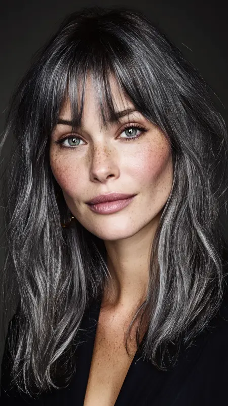 Sleek Silver Surge: Waves that Wow! - Silver highlights on dark hair