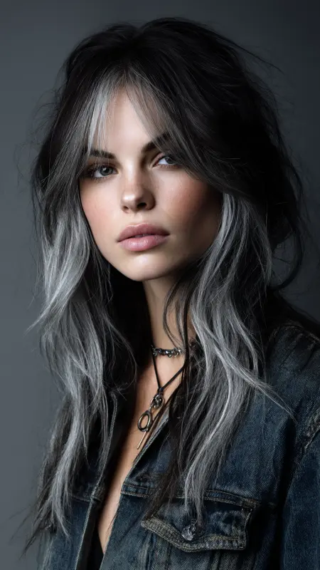 Dazzling Cascades: A Symphony of Silver and Waves - Silver highlights on dark hair