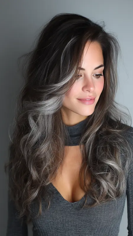 Enchanting Silver Swirls: A Mesmerizing Mane Makeover - Silver highlights on dark hair