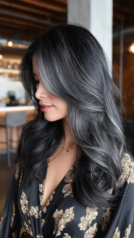 Silken Midnight Waves with Moonlit Sheen - Silver highlights on dark hair