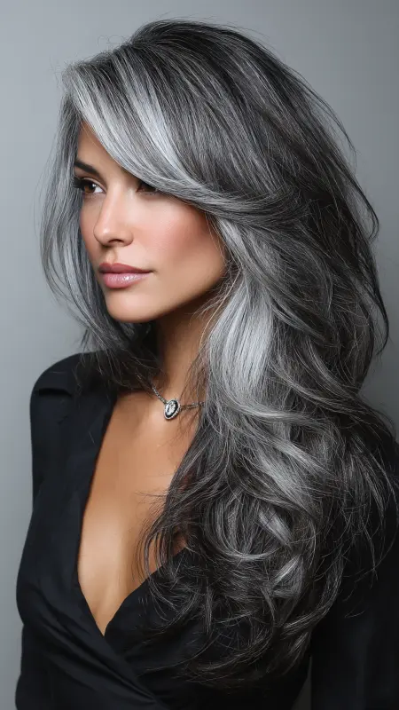 Enchanting Waves with Silver Streaks - Silver highlights on dark hair