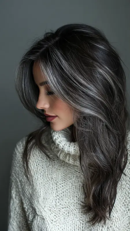 Dazzling Depths: Cascading Waves with Silver Sparks - Silver highlights on dark hair
