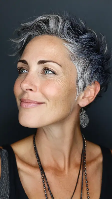 Dazzling Pixie: A Symphony of Silver and Shadow - Silver highlights on dark hair