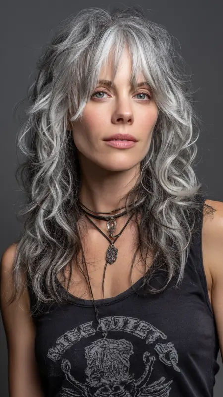 Shimmering Tides: Silver Highlights in Motion - Silver highlights on dark hair