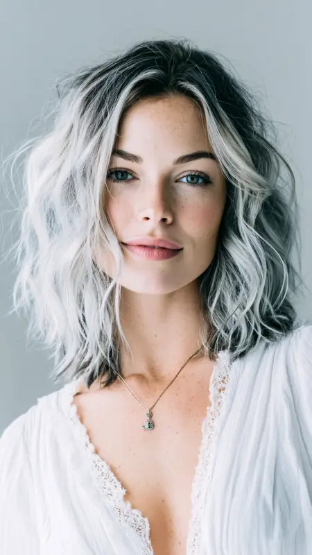 Moonlit Waves: The Mesmerizing Silver Kissed Bob - Silver highlights on dark hair