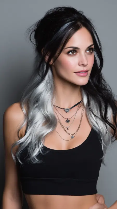 Moonlit Waves: A Symphony of Silver on Dark - Silver highlights on dark hair