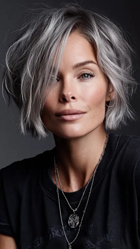 Shimmer & Chic: Silver-Kissed Bob - Silver highlights on dark hair