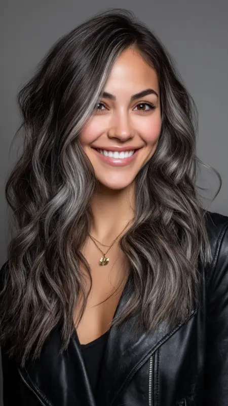 Glimmering Waves of Silver Elegance - Silver highlights on dark hair