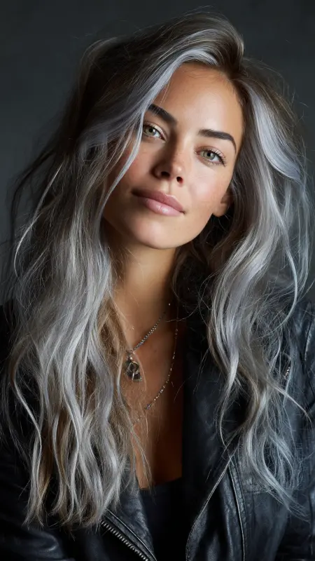 Captivating Cascades: Silver-Streaked Waves - Silver highlights on dark hair