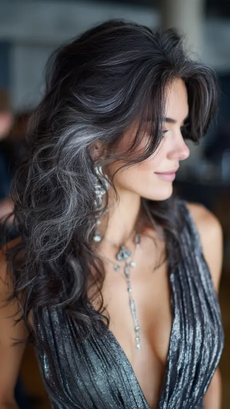 Moonlit Cascades: Bold Waves with Silver Gleam - Silver highlights on dark hair