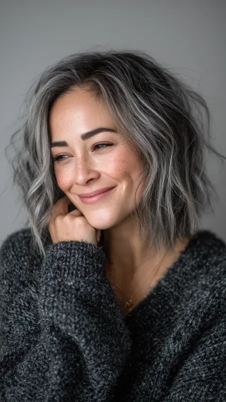 Luminescent Waves: Silver Lining on Rich Ebony - Silver highlights on dark hair