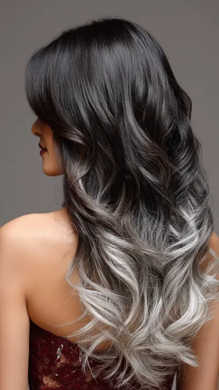 Mystical Waves with Moonlit Silver Highlights - Silver highlights on dark hair