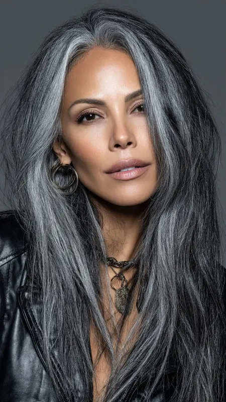 Enchanting Silver Cascades on Midnight Locks - Silver highlights on dark hair