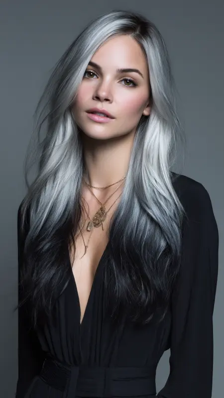 Ethereal Waves: Silver Whisper on Dark Tresses - Silver highlights on dark hair
