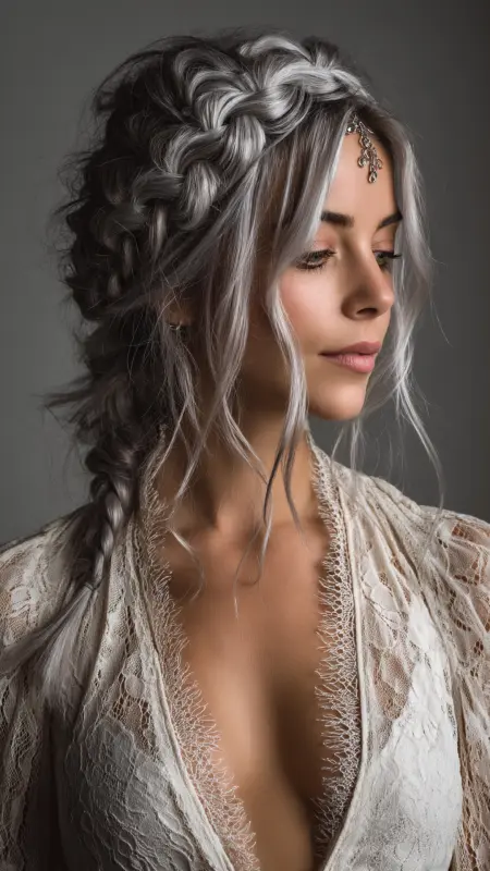 Enchanted Silver Braids: A Modern Twist on Timeless Elegance - Silver highlights on dark hair