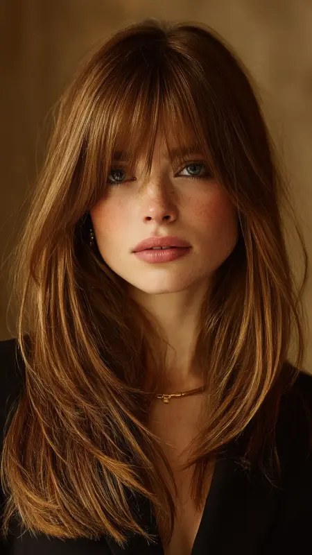 Sleek Blowout with Curtain Bangs - long curtain bangs round face