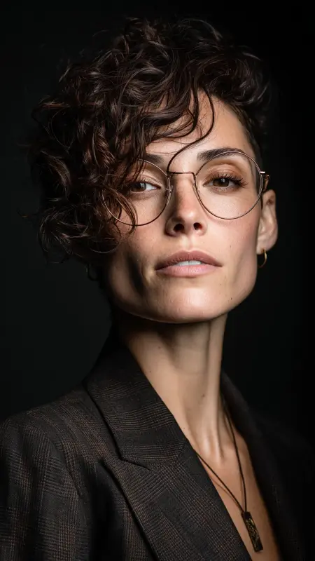 Sleek Curly Taper with Side Part -  short curly hair with glasses 