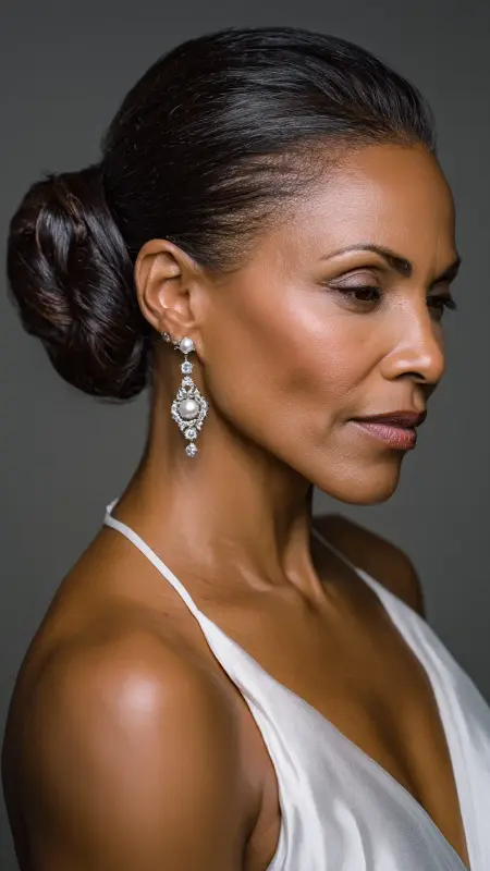 Sleek Low Bun with Center Part - Hairstyles for Older Black Women