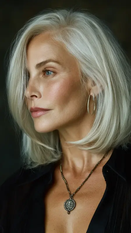 Sleek Shoulder-Length Cut with Deep Side Part - Medium length haircuts for women over 50